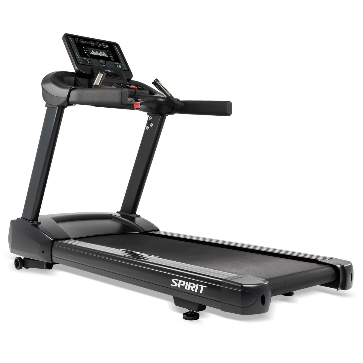 The Spirit Fitness CT850 Treadmill by Spirit Fitness is shown on a white background, featuring a digital display screen, handrails, and the brand logo printed on the front base.