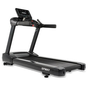 The Spirit Fitness CT850 Treadmill by Spirit Fitness is shown on a white background, featuring a digital display screen, handrails, and the brand logo printed on the front base.