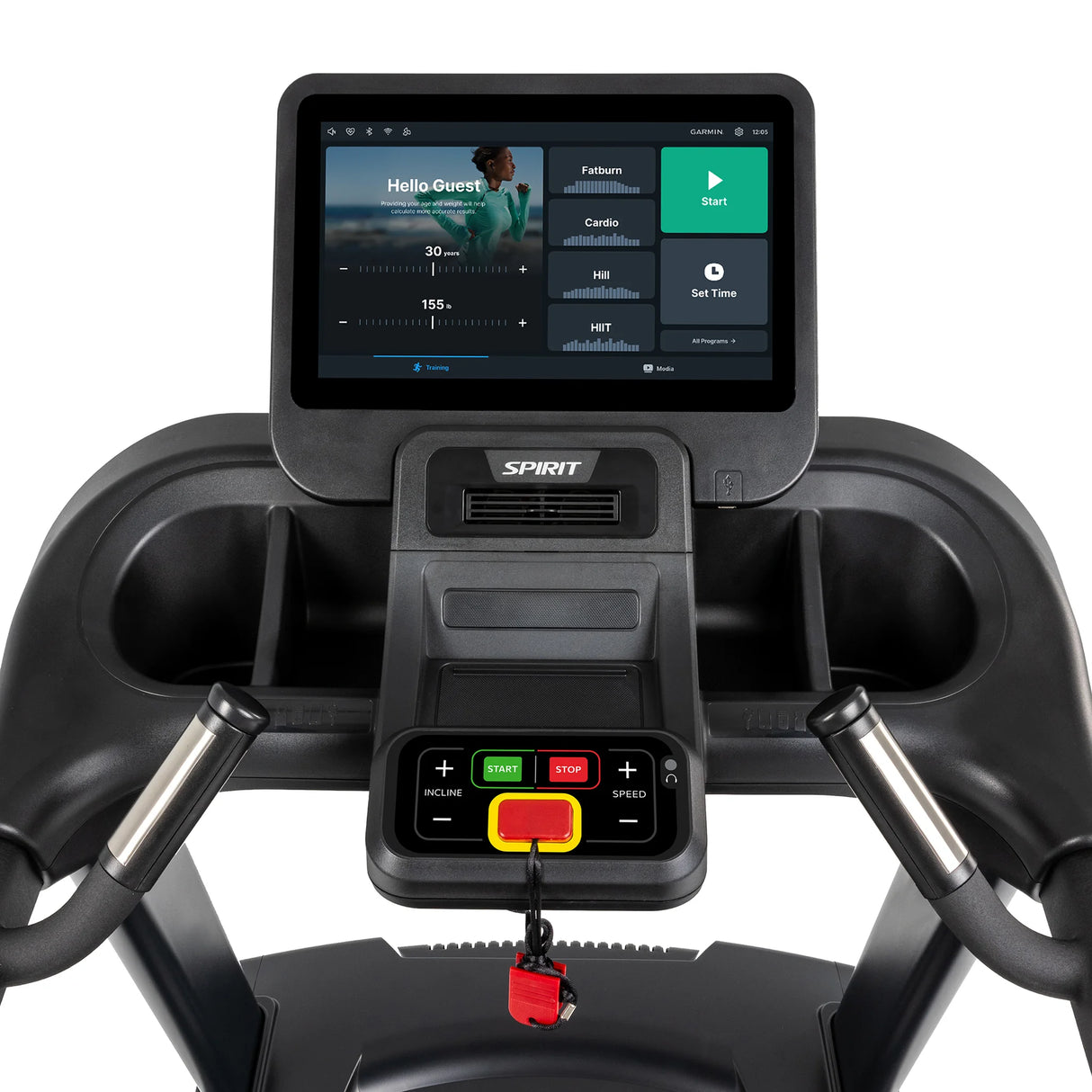 Close-up of the Spirit Fitness CT850ENT Treadmill console by Spirit Fitness, featuring a large digital touchscreen with workout options, stats, and welcome message. The control panel includes start, stop, speed, and incline buttons.