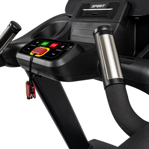 Close-up of the Spirit Fitness CT850ENT Treadmill control panel with start, stop, and speed buttons, a safety key with red cord, and two silver handrails. The Spirit Fitness brand name appears above the console.