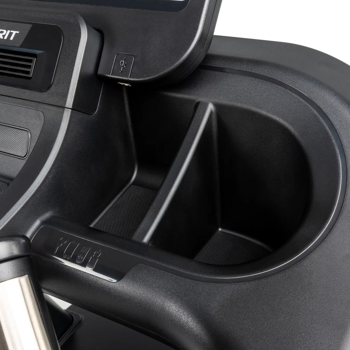 Close-up of the Spirit Fitness CT850ENT Treadmill console by Spirit Fitness, featuring a cup holder, small storage compartment, incline and speed controls, part of the display screen, and a visible USB port.