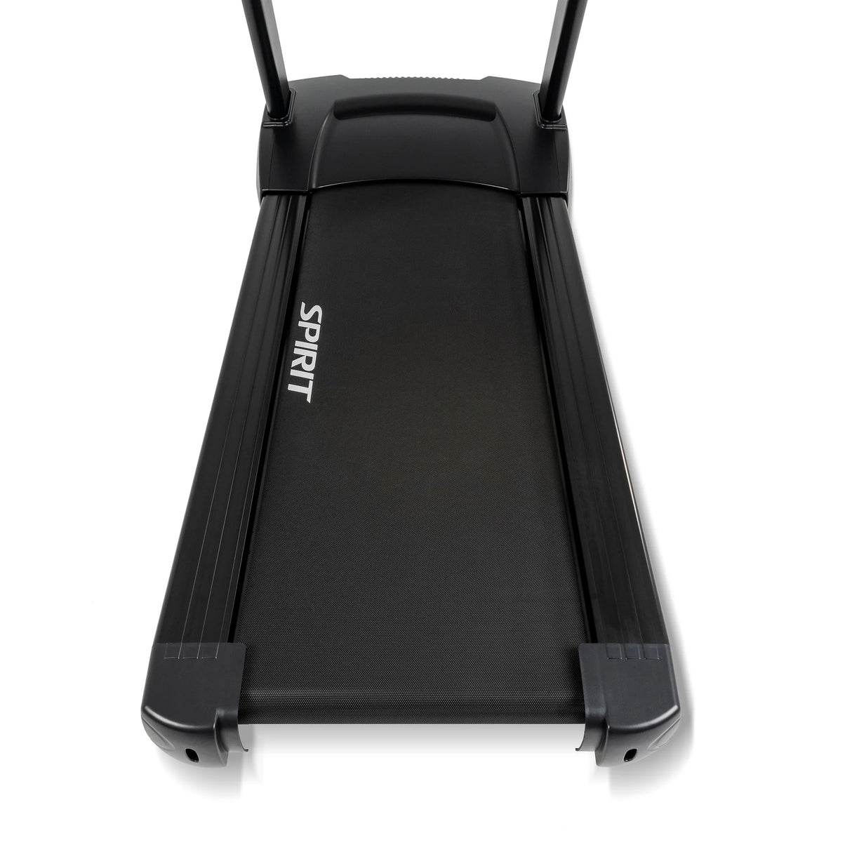 A close-up view of the Spirit Fitness CT850ENT Treadmill shows its black running surface with "Spirit Fitness" on the left, focusing on the belt and frame, while handrails are visible at the top.
