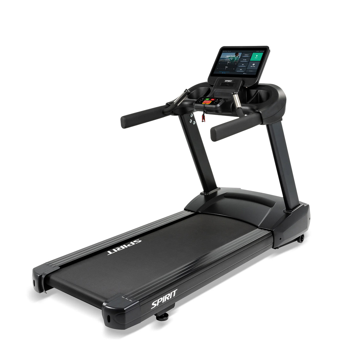 The Spirit Fitness CT850ENT Treadmill by Spirit Fitness features a black frame, digital touchscreen display, control buttons, and built-in handrails. The SPIRIT-labeled running deck is shown angled on a white background.