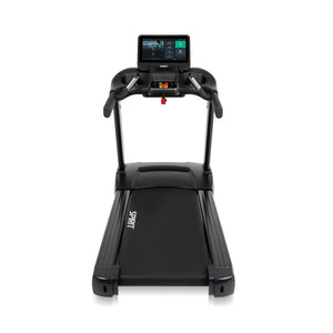 The Spirit Fitness CT850ENT Treadmill by Spirit Fitness is shown from the front, featuring a black frame, digital screen, control panel, central safety key, and "SPORT" on the running belt.