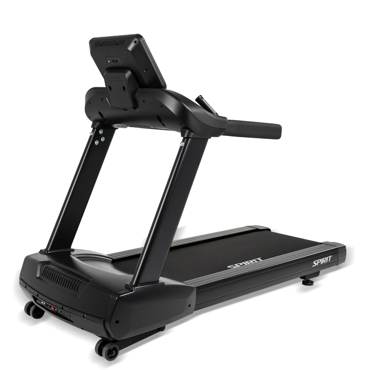 The Spirit Fitness CT850ENT Treadmill is black with sturdy handrails, a digital display console, and the Spirit Fitness logo on the running deck, shown angled to display both the console and running surface.