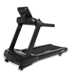 The Spirit Fitness CT850ENT Treadmill is black with sturdy handrails, a digital display console, and the Spirit Fitness logo on the running deck, shown angled to display both the console and running surface.