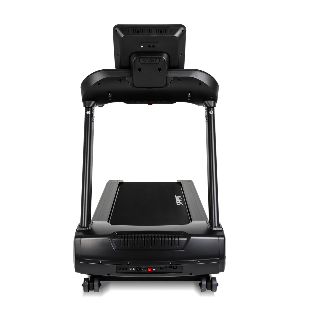 Spirit Fitness CT850ENT Treadmill by Spirit Fitness, featuring a touchscreen console, dual handrails, wide running belt, and transport wheels. Shown from the front against a white background.