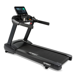 The Spirit Fitness CT850ENT Treadmill by Spirit Fitness features a large digital display, handrails, and control buttons in a sleek black design, displayed against a white background.