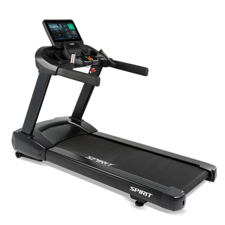 The Spirit Fitness CT850ENT Treadmill by Spirit Fitness features a large digital display, handrails, and control buttons in a sleek black design, displayed against a white background.