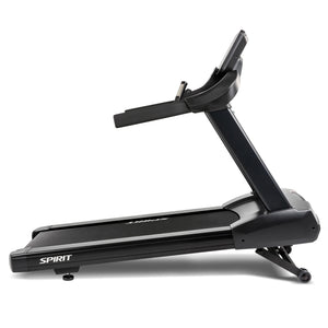 The Spirit Fitness CT850ENT Treadmill by Spirit Fitness is black with a digital console and handles, displayed on a white background at a slight incline. The brand name appears on the base.