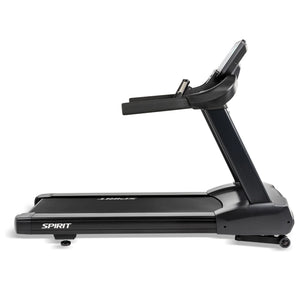The Spirit Fitness CT850ENT Treadmill by Spirit Fitness is shown in black with a digital display and sturdy frame, labeled "SPIRIT" on the base, viewed from the side against a white background.