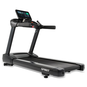 The Spirit Fitness CT850ENT Treadmill by Spirit Fitness is black with a touchscreen display, handrails, and control buttons. It features a sturdy frame and spacious running belt, shown against a white background.