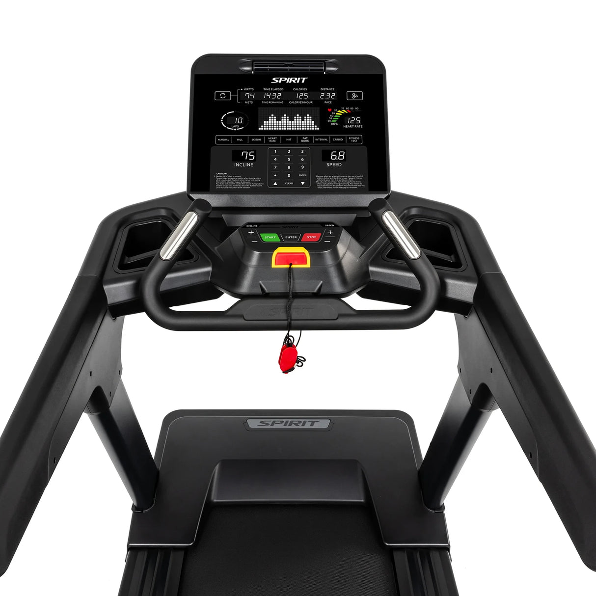 The Spirit Fitness CT900 Treadmill features a digital control panel with workout stats display, speed/incline/start-stop buttons, a red safety key, and sturdy handrails for secure use.