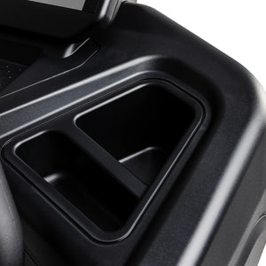 Close-up of a black plastic dual cup holder integrated into the console of the Spirit Fitness CT900 Treadmill by Spirit Fitness, shown against a white background.