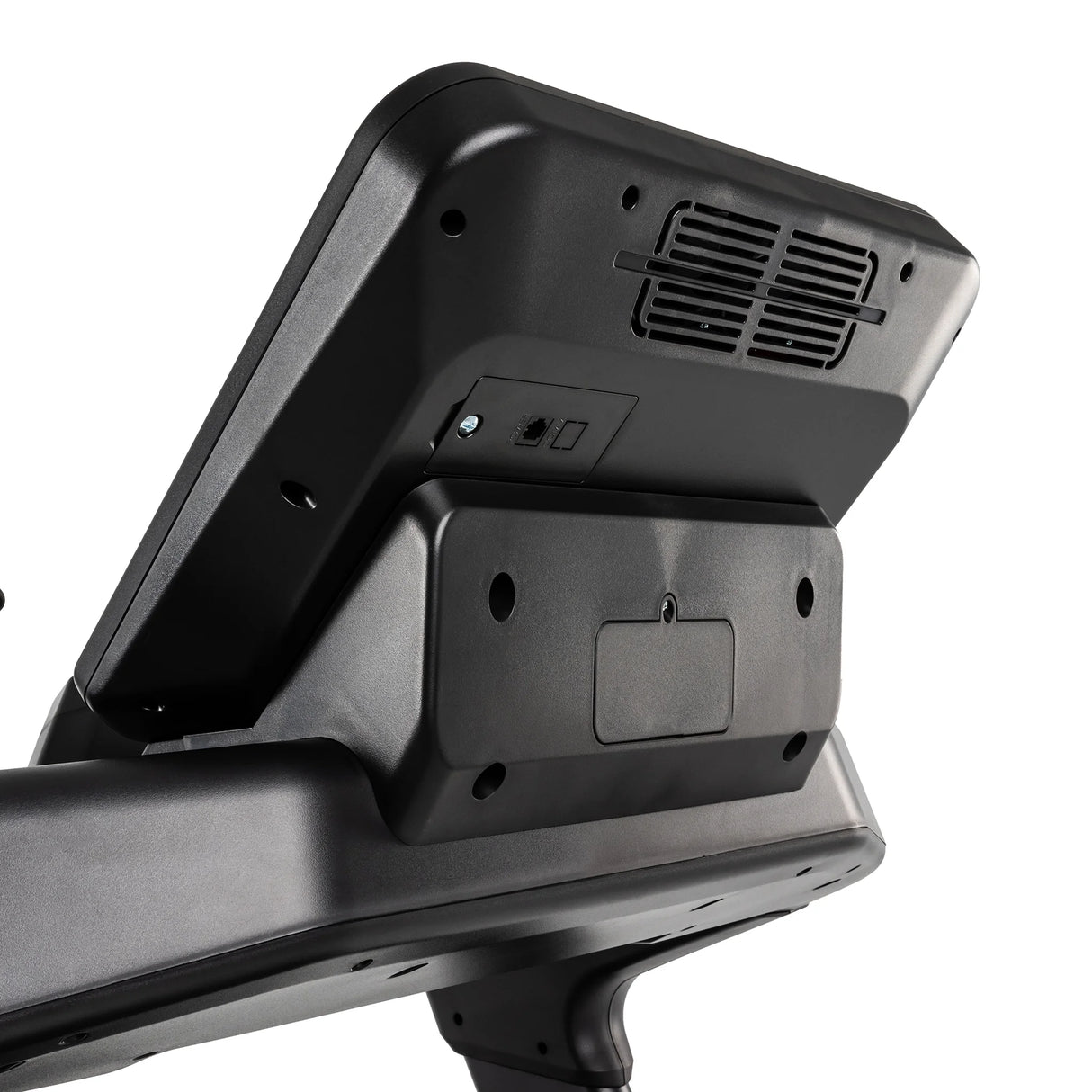 Close-up of the back of a Spirit Fitness CT900 Treadmill console by Spirit Fitness, highlighting vent holes, screws, ports, and mounting components.