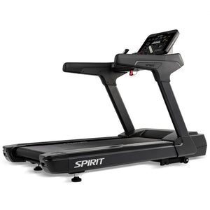 The Spirit Fitness CT900 Treadmill in matte black features a wide running belt, ergonomic handrails, a large touchscreen for workout metrics, and Spirit Fitness branding on the frame and deck.