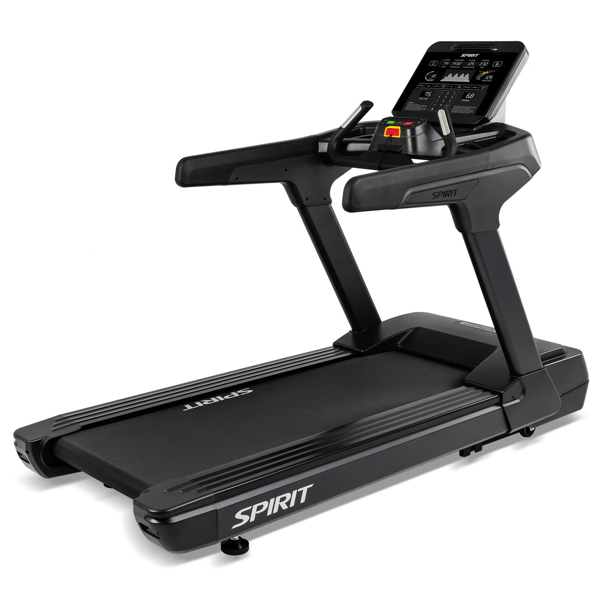 The Spirit Fitness CT900 Treadmill by Spirit Fitness features a digital console, sturdy handrails, and a running belt. It is shown in black at a slight angle against a white background.