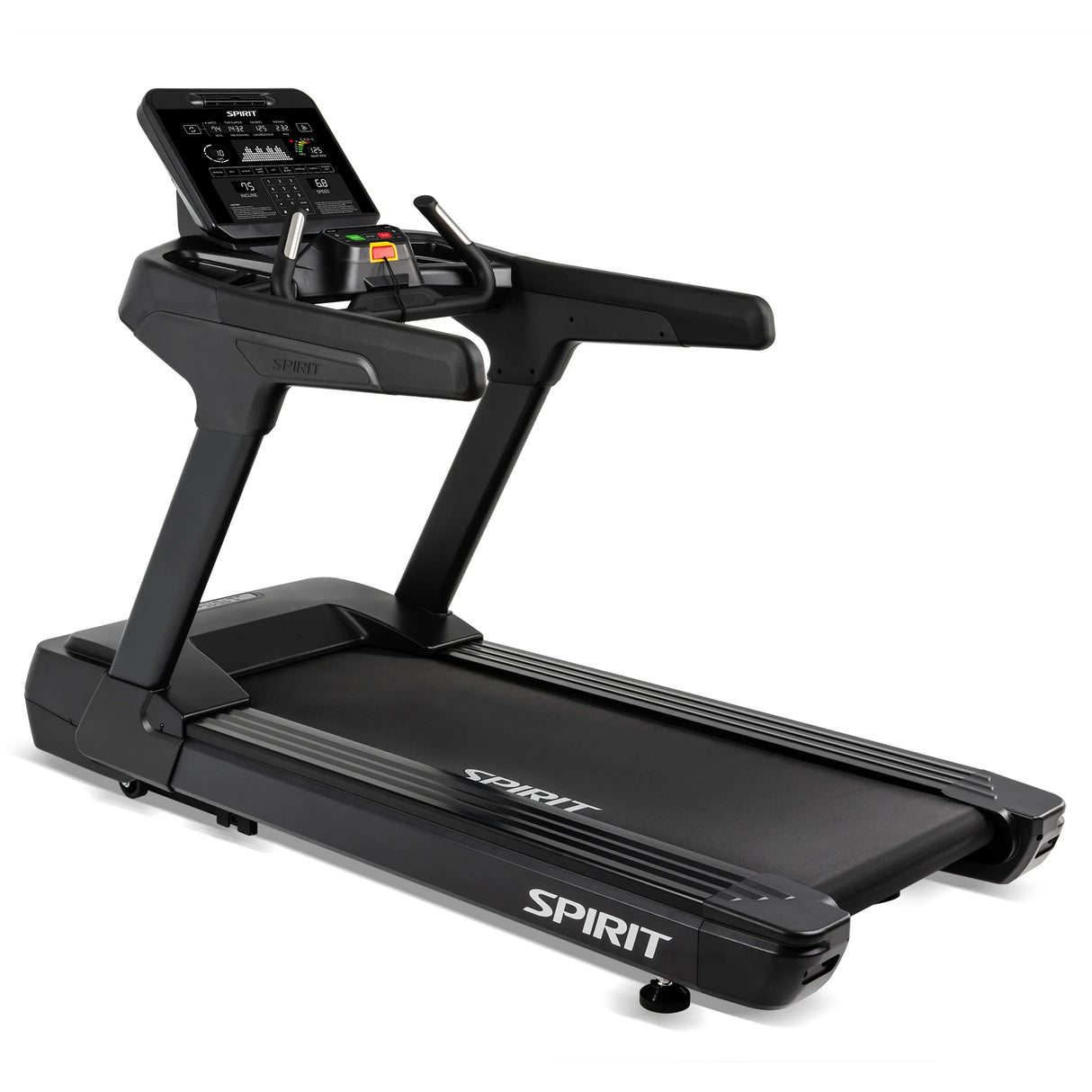 A black Spirit Fitness CT900 Treadmill by Spirit Fitness featuring a digital display for workout stats.