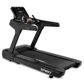 A black Spirit Fitness CT900 Treadmill by Spirit Fitness featuring a digital display for workout stats.