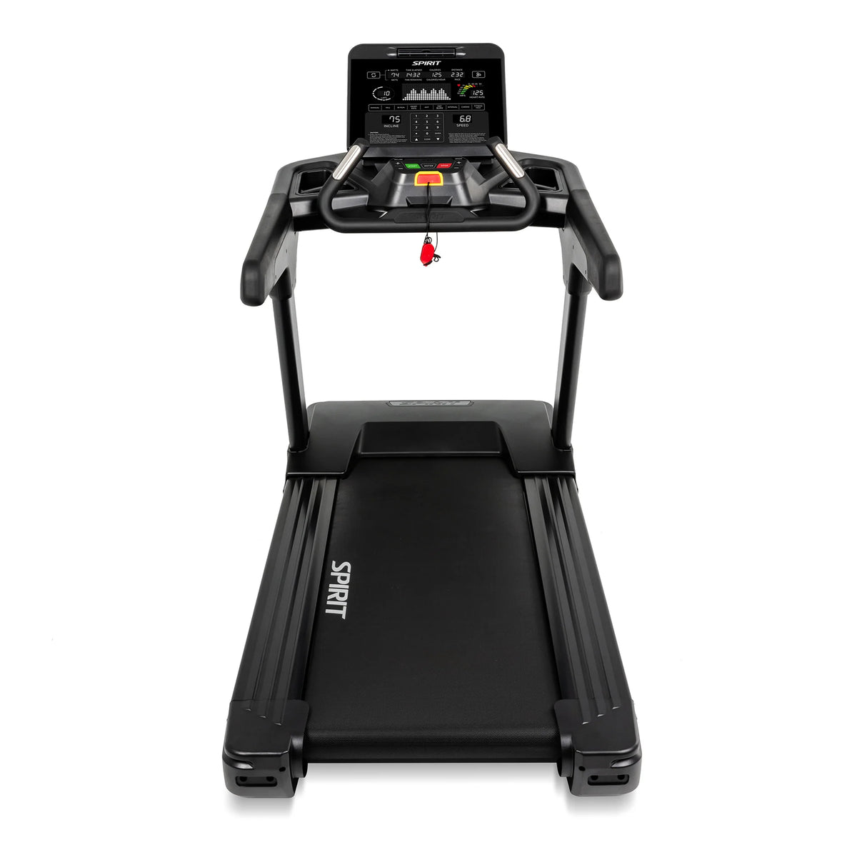 The Spirit Fitness CT900 Treadmill by Spirit Fitness is shown from the front with its control panel, handles, red safety key, and wide running belt visible against a white background.