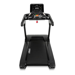 The Spirit Fitness CT900 Treadmill by Spirit Fitness is shown from the front with its control panel, handles, red safety key, and wide running belt visible against a white background.