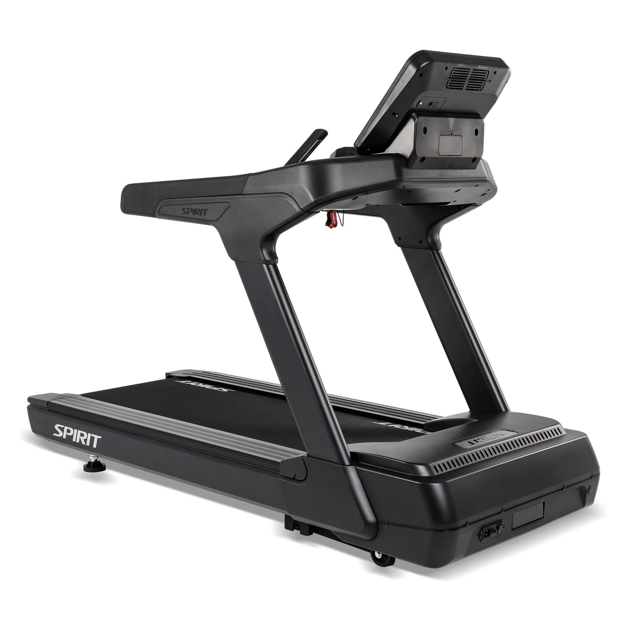 The Spirit Fitness CT900 Treadmill by Spirit Fitness features a digital display, sturdy frame, and spacious running belt in black, shown at an angle against a white background.