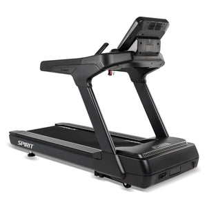 The Spirit Fitness CT900 Treadmill by Spirit Fitness features a digital display, sturdy frame, and spacious running belt in black, shown at an angle against a white background.