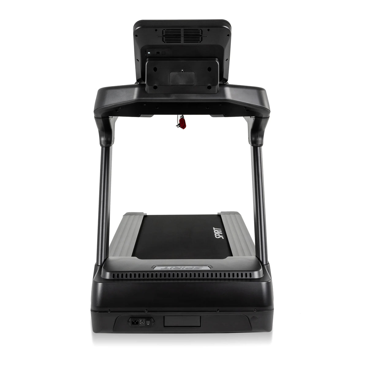 Spirit Fitness CT900 Treadmill shown from the front, with a large console display, safety key, side handrails, wide running belt with gray side rails, and power port at the base.