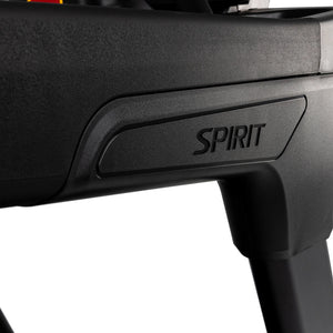 Close-up of the Spirit Fitness CT900 Treadmill's black frame, featuring the embossed Spirit Fitness logo. The white background highlights the branding detail.