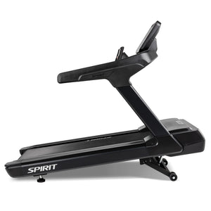 Side view of the Spirit Fitness CT900 Treadmill by Spirit Fitness, featuring a digital display console, sturdy frame, and running belt—designed for effective indoor exercise and fitness training.