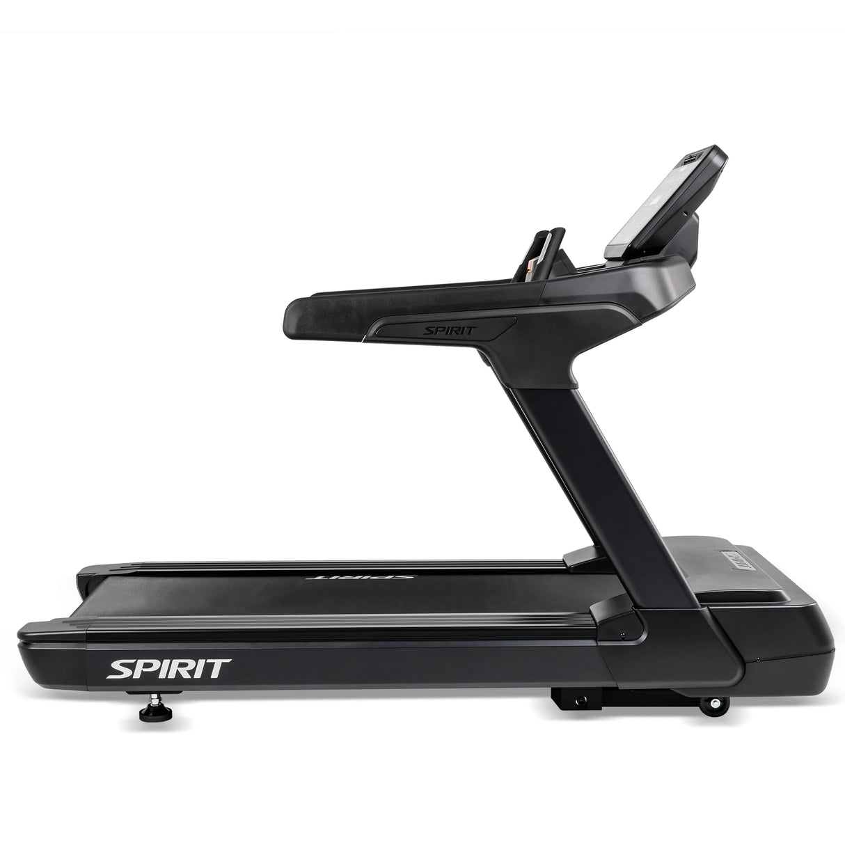 Side view of the Spirit Fitness CT900 Treadmill by Spirit Fitness, featuring a sleek black design with running deck, sturdy handlebars, and a digital console display—ideal for indoor workouts.