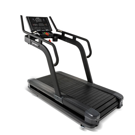 Front-angled view of the Spirit Fitness CTSBS900 Slat Belt Sled Treadmill showing the console, dual handrails, and curved slat belt deck.