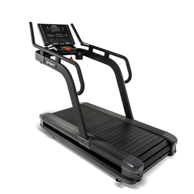 Front-angled view of the Spirit Fitness CTSBS900 Slat Belt Sled Treadmill showing the console, dual handrails, and curved slat belt deck.
