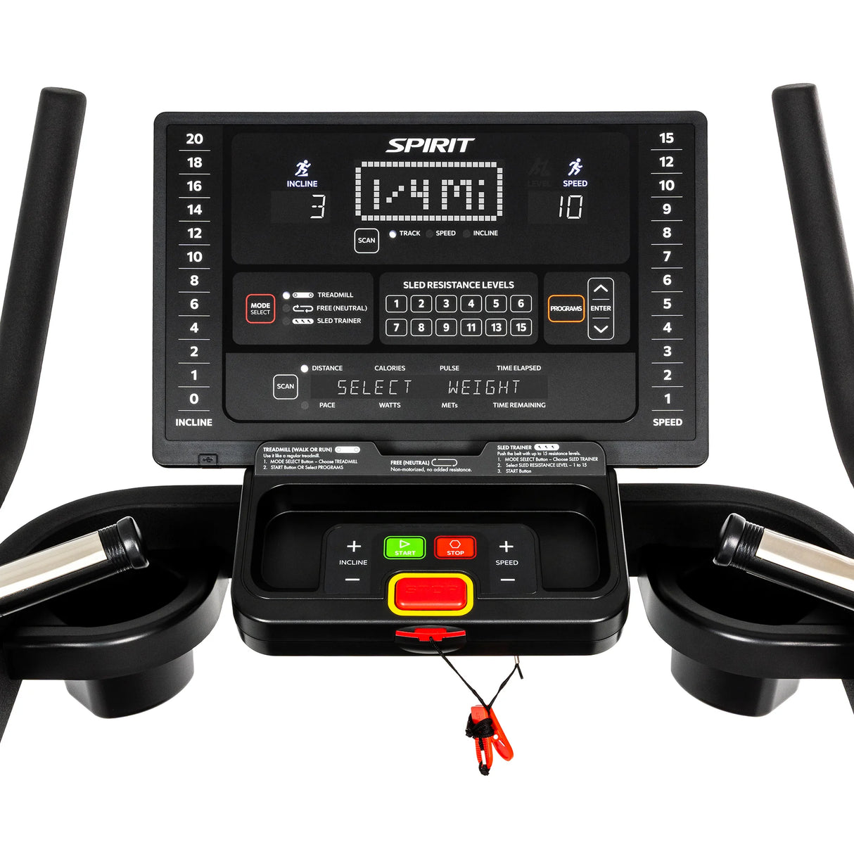 Close-up of the Spirit Fitness CTSBS900 console showing the mode select for Treadmill, Free, and Sled Trainer modes with 15 sled resistance levels.
