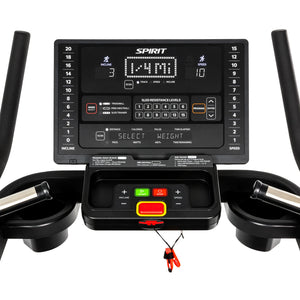 Close-up of the Spirit Fitness CTSBS900 console showing the mode select for Treadmill, Free, and Sled Trainer modes with 15 sled resistance levels.