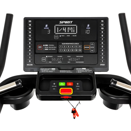 Close-up of the Spirit Fitness CTSBS900 console showing the mode select for Treadmill, Free, and Sled Trainer modes with 15 sled resistance levels.