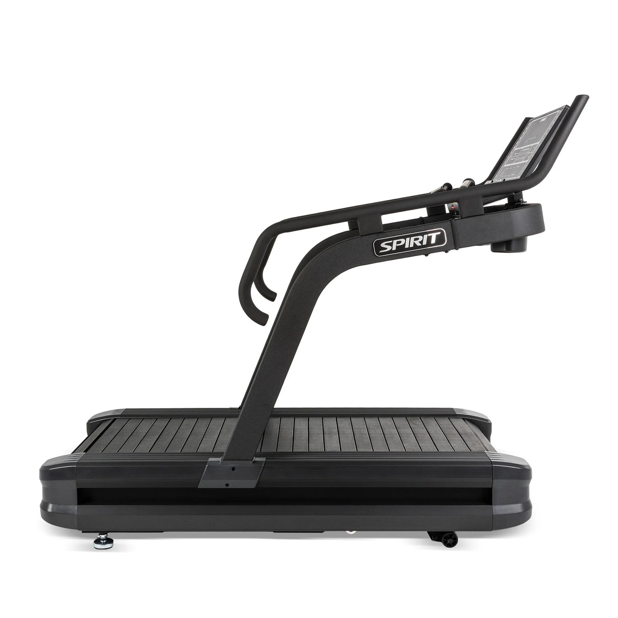 Side profile of the Spirit Fitness CTSBS900 Slat Belt Sled Treadmill showing the console mast and full curved slat belt deck.