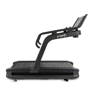 Side profile of the Spirit Fitness CTSBS900 Slat Belt Sled Treadmill showing the console mast and full curved slat belt deck.