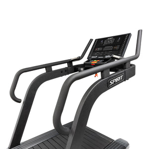 Angled close-up of the Spirit Fitness CTSBS900 console and handlebar loops above the slat belt.