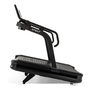 Full side profile of the Spirit Fitness CTSBS900 Slat Belt Sled Treadmill with rear transport wheels raised.