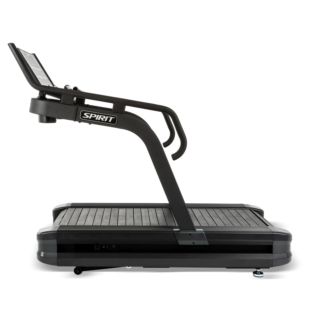 Side profile of the Spirit Fitness CTSBS900 showing the console mast, handrails, and curved slat belt deck.