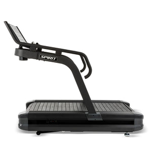 Side profile of the Spirit Fitness CTSBS900 showing the console mast, handrails, and curved slat belt deck.