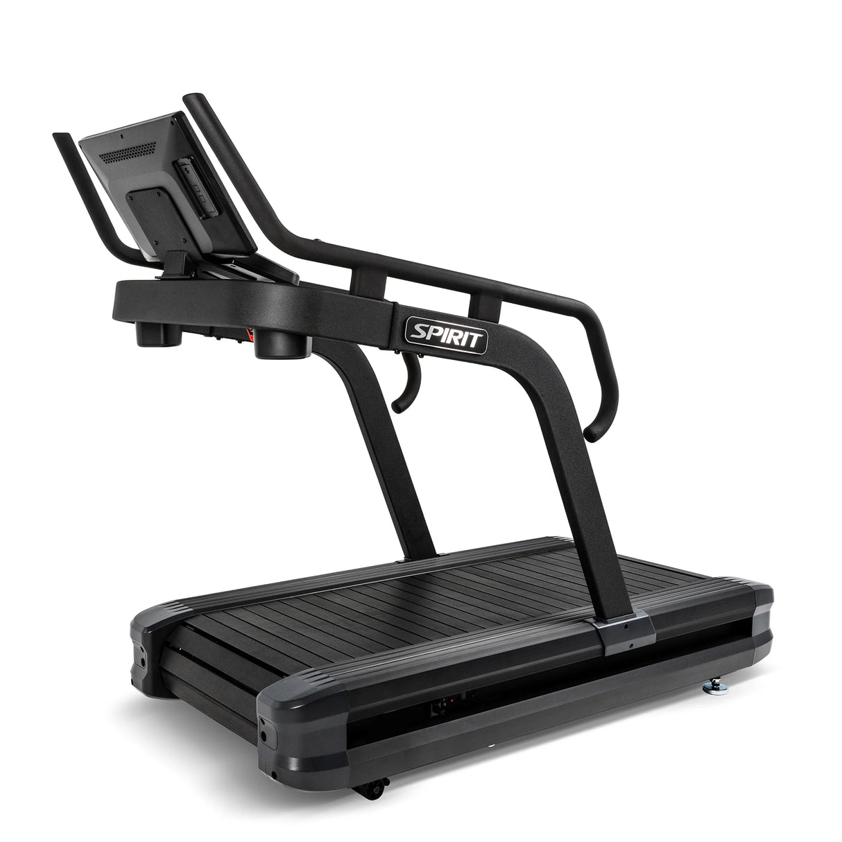 Front three-quarter view of the Spirit Fitness CTSBS900 Slat Belt Sled Treadmill showing the rear of the console and full deck.