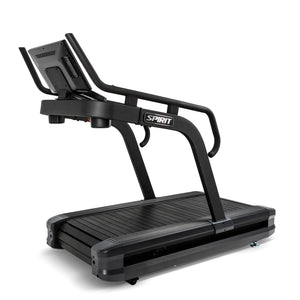 Front three-quarter view of the Spirit Fitness CTSBS900 Slat Belt Sled Treadmill showing the rear of the console and full deck.