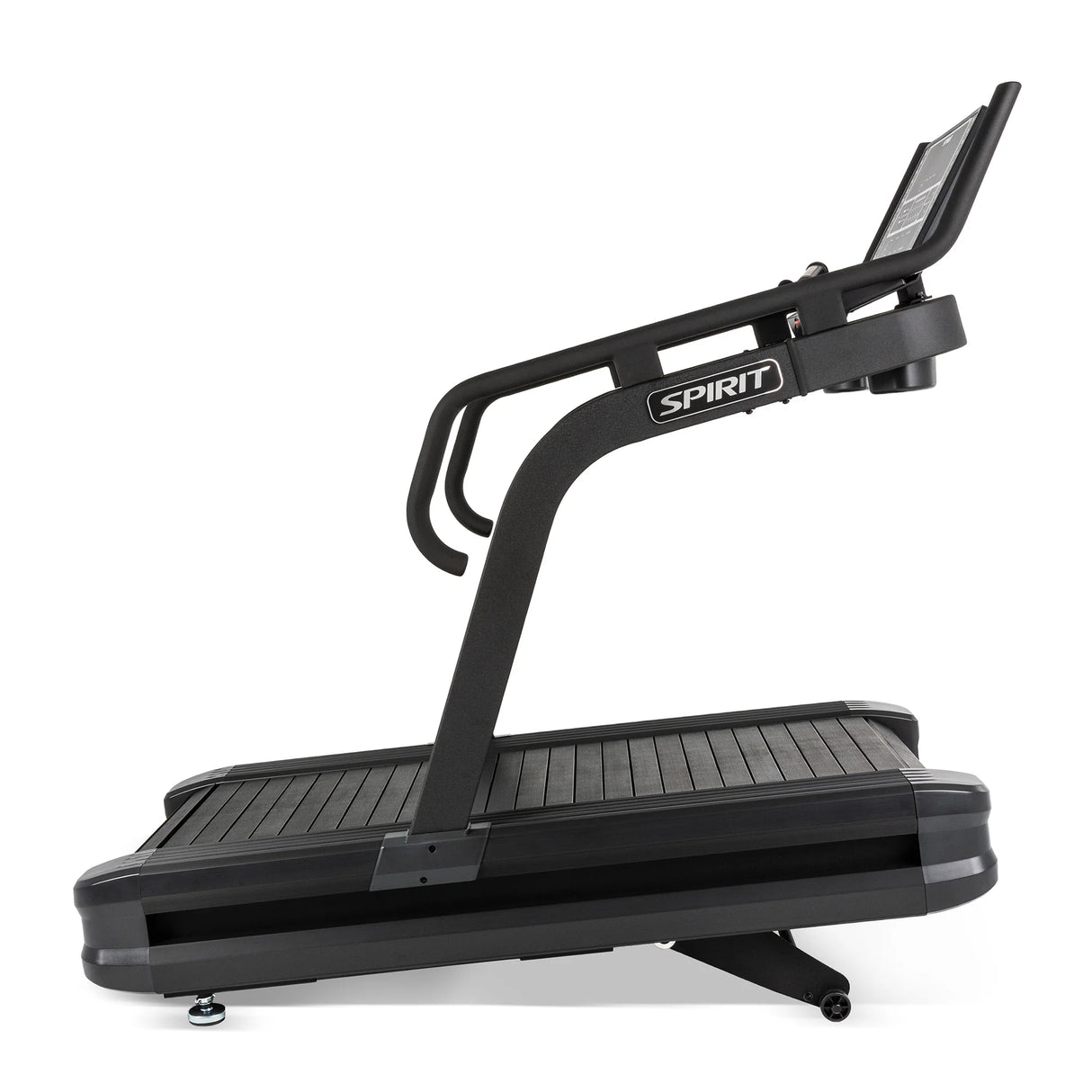 Side profile of the Spirit Fitness CTSBS900 with the rear transport wheels tilted down for moving the unit.
