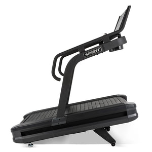 Opposite side profile of the Spirit Fitness CTSBS900 Slat Belt Sled Treadmill showing the console mast and deck.