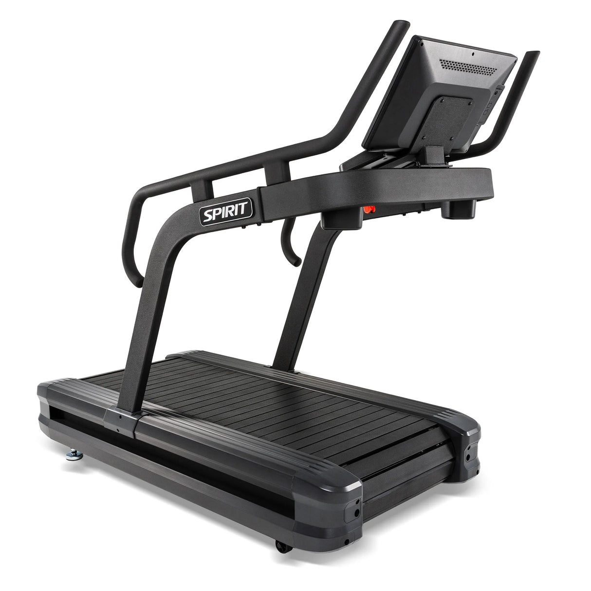 Rear-angled view of the Spirit Fitness CTSBS900 showing the back of the console and dual handrails.