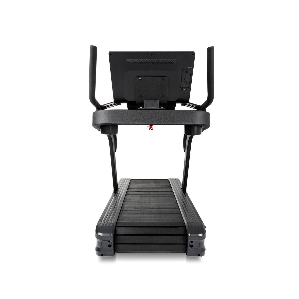 Straight-on rear view of the Spirit Fitness CTSBS900 Slat Belt Sled Treadmill showing the console back and deck.