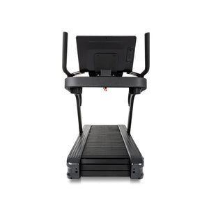 Straight-on rear view of the Spirit Fitness CTSBS900 Slat Belt Sled Treadmill showing the console back and deck.