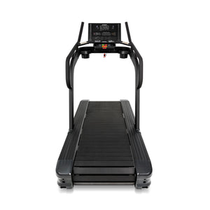 Straight-on front view of the Spirit Fitness CTSBS900 showing the console, handrails, and full length of the slat belt deck.